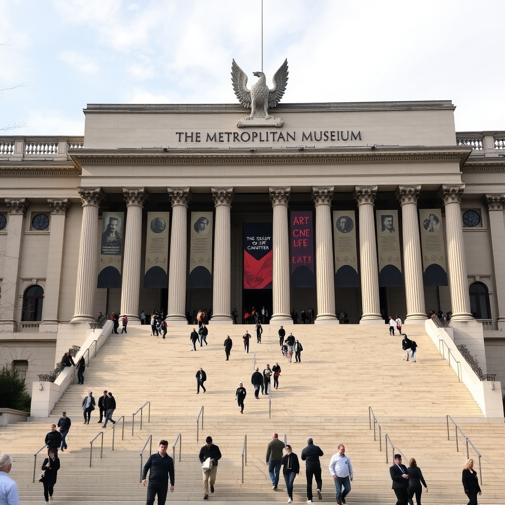 Majestic facade of The Metropolitan Museum of Art building with classical columns and grand entrance steps, visitors walking up the iconic stairs