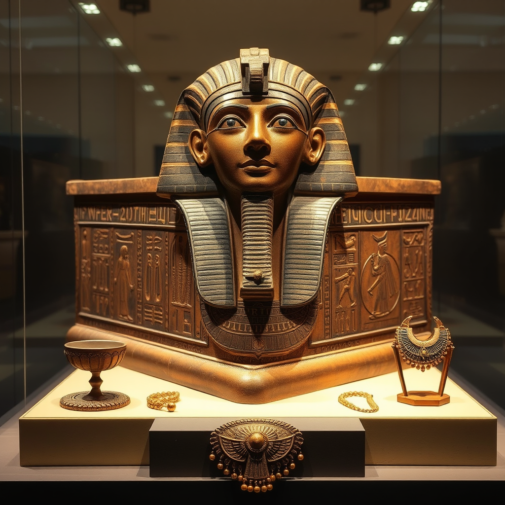 Ancient Egyptian sarcophagus with golden hieroglyphic inscriptions and ornate burial jewelry displayed in museum lighting, showcasing newly discovered archaeological artifacts from recent excavations