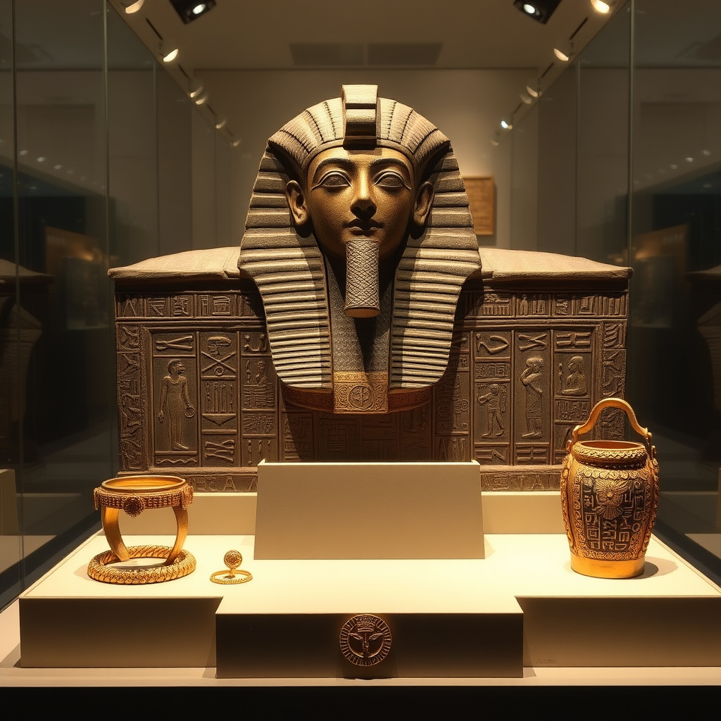 Ancient Egyptian sarcophagus and golden jewelry artifacts displayed in museum lighting, showcasing hieroglyphic inscriptions and intricate burial ornaments from recent archaeological discoveries