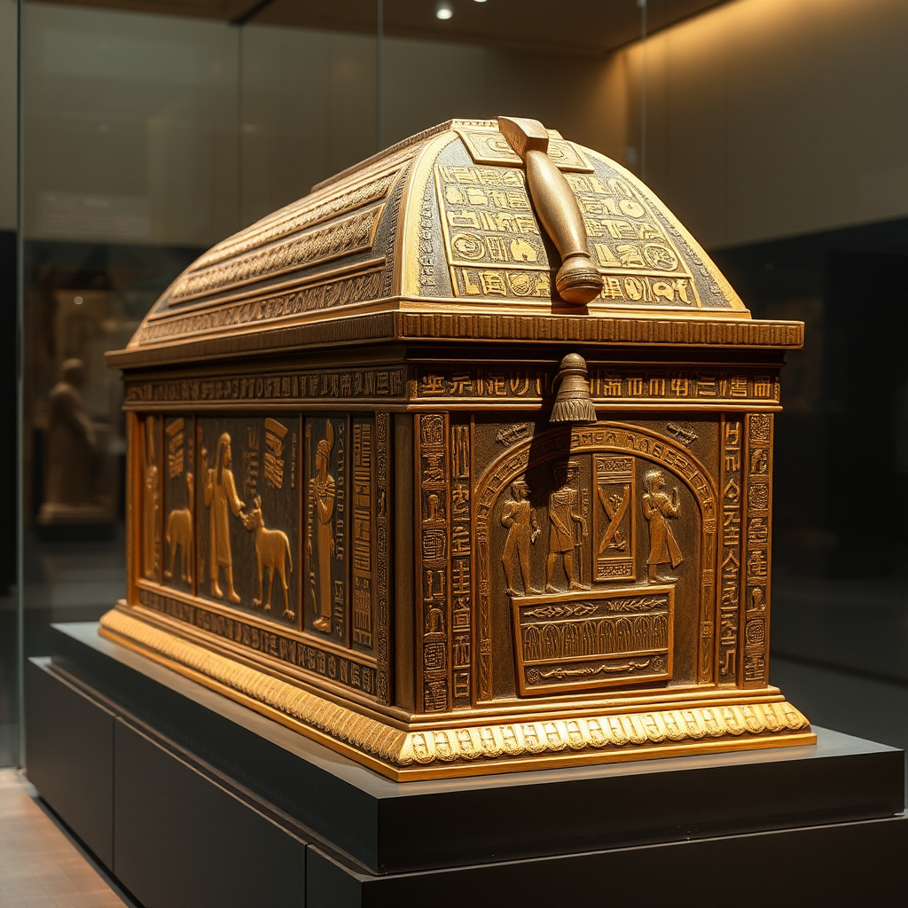 Ornate ancient Egyptian sarcophagus with golden hieroglyphics and intricate carvings displayed in museum lighting, showing detailed craftsmanship of burial practices from ancient Egypt