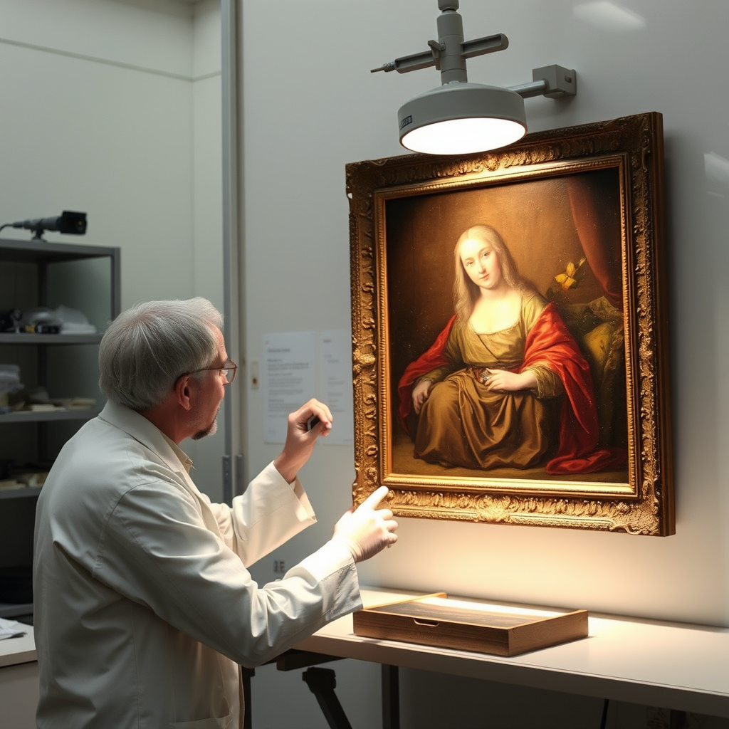 Professional art conservator in white lab coat carefully examining a Renaissance painting under specialized lighting equipment in the Metropolitan Museum conservation laboratory