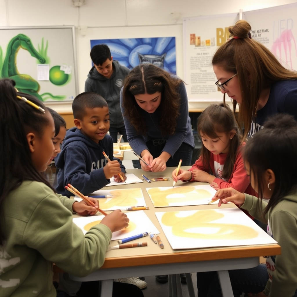 Students participating in mobile art lab workshop at NYC school with Metropolitan Museum educators demonstrating painting techniques