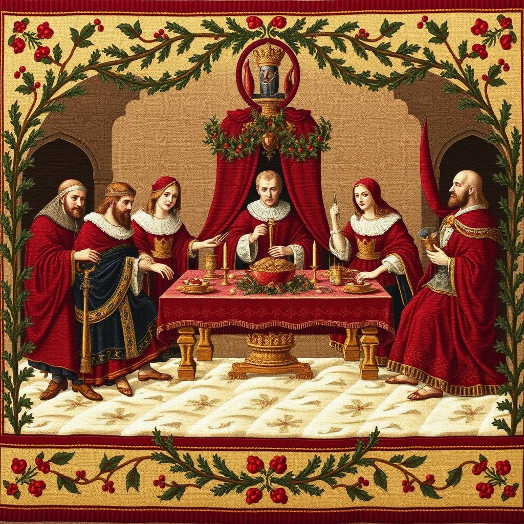 Medieval European tapestry depicting a winter celebration scene with nobles gathered around a feast table, decorated with holly and evergreen garlands, showcasing intricate weaving techniques and rich burgundy and gold colors
