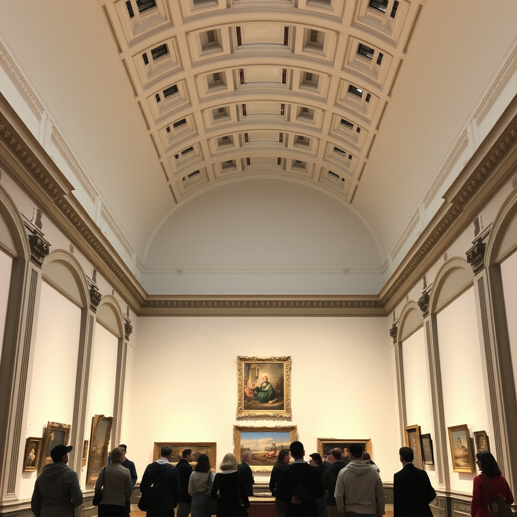 Elegant museum gallery interior with high ceilings, classical architecture, visitors admiring paintings on white walls under perfect lighting