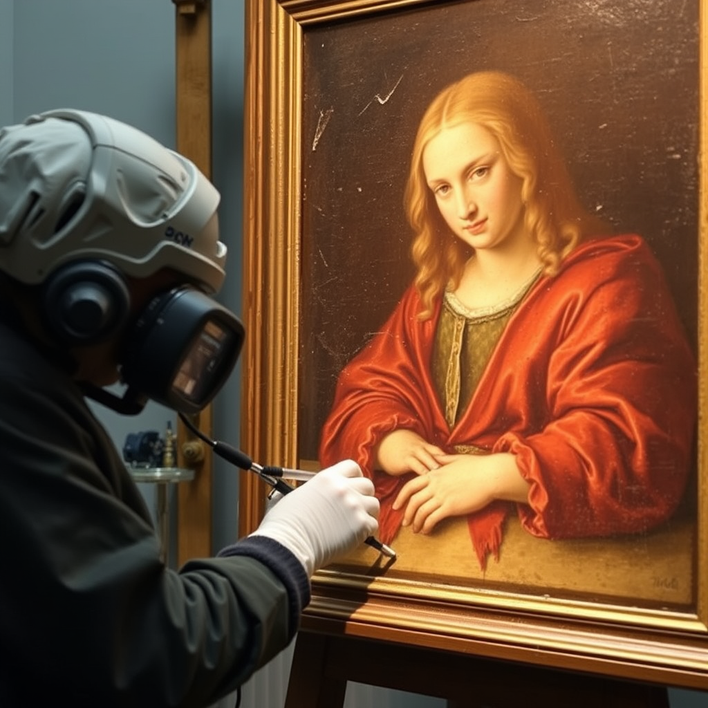 Renaissance painting conservation in progress showing art conservator carefully restoring a 500-year-old Italian masterpiece with specialized tools and modern imaging equipment revealing hidden details