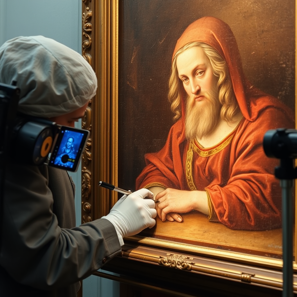 Renaissance painting restoration in progress showing conservator carefully working on Italian master artwork with specialized tools and modern imaging equipment revealing hidden details
