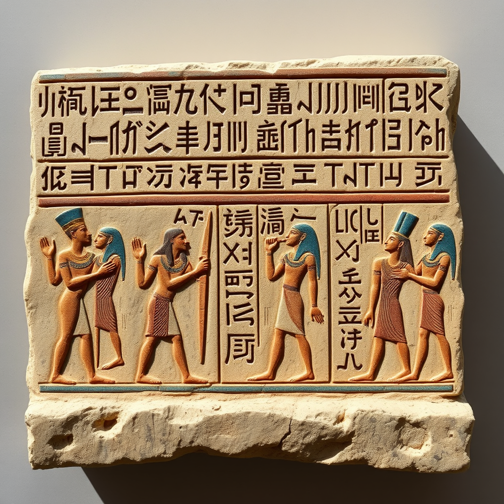 Ancient Egyptian limestone tablet covered in colorful hieroglyphic inscriptions depicting daily life scenes with figures of farmers, scribes, and nobles in traditional Egyptian art style