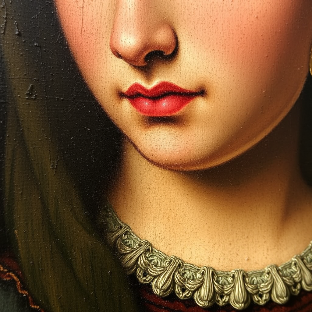 Close-up view of a 16th century Italian Renaissance portrait painting showing intricate brushwork and rich oil paint colors before conservation treatment
