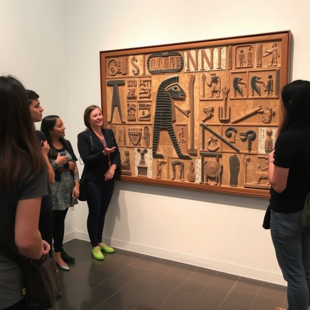 Contemporary artist Maria Rodriguez standing next to her mixed-media installation inspired by ancient Egyptian hieroglyphs, explaining her creative process to museum visitors
