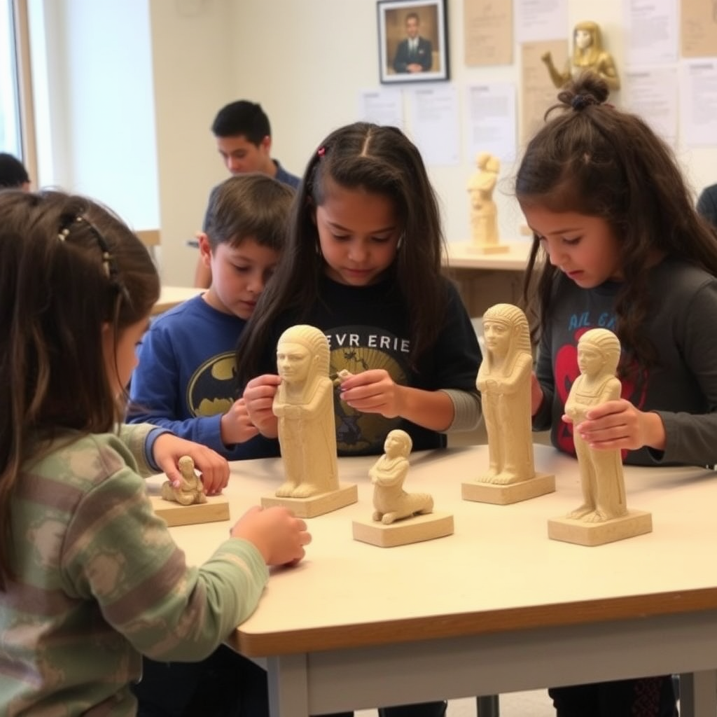 Elementary students engaged in hands-on art workshop creating sculptures inspired by ancient Egyptian artifacts from Metropolitan Museum collection