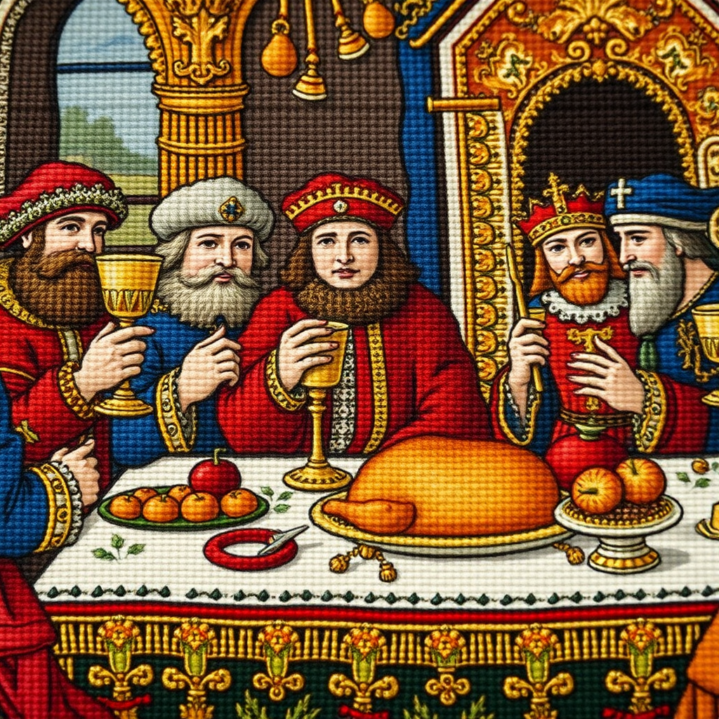 Close-up detail of a medieval tapestry showing a grand feast scene with ornate goblets, roasted meats, and nobles in elaborate winter clothing, featuring intricate gold thread work and vibrant colors