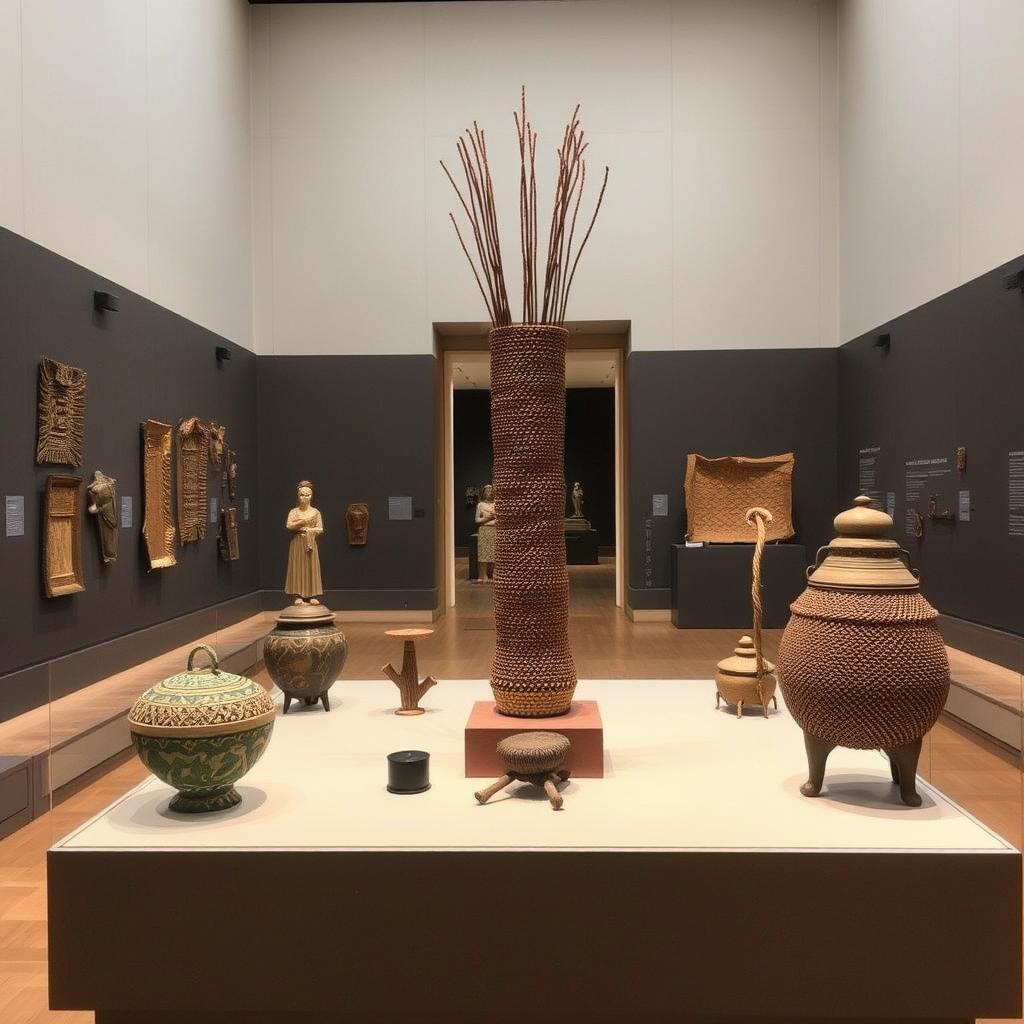 Contemporary art installation alongside ancient cultural artifacts in museum gallery, showing modern artists' interpretations inspired by traditional crafts and historical pieces from the Metropolitan Museum collection