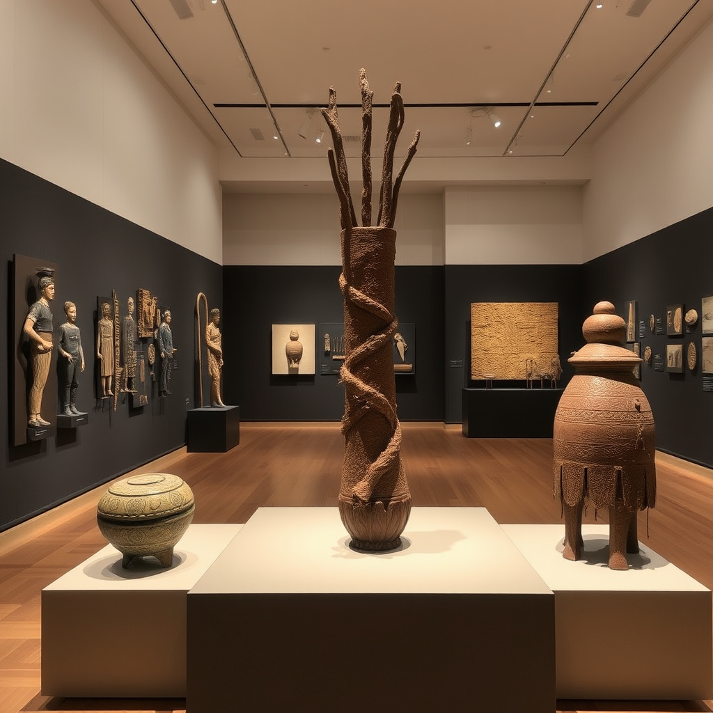 Contemporary art installation alongside ancient cultural artifacts in museum gallery, showing modern artists' interpretations inspired by traditional practices and historical collections