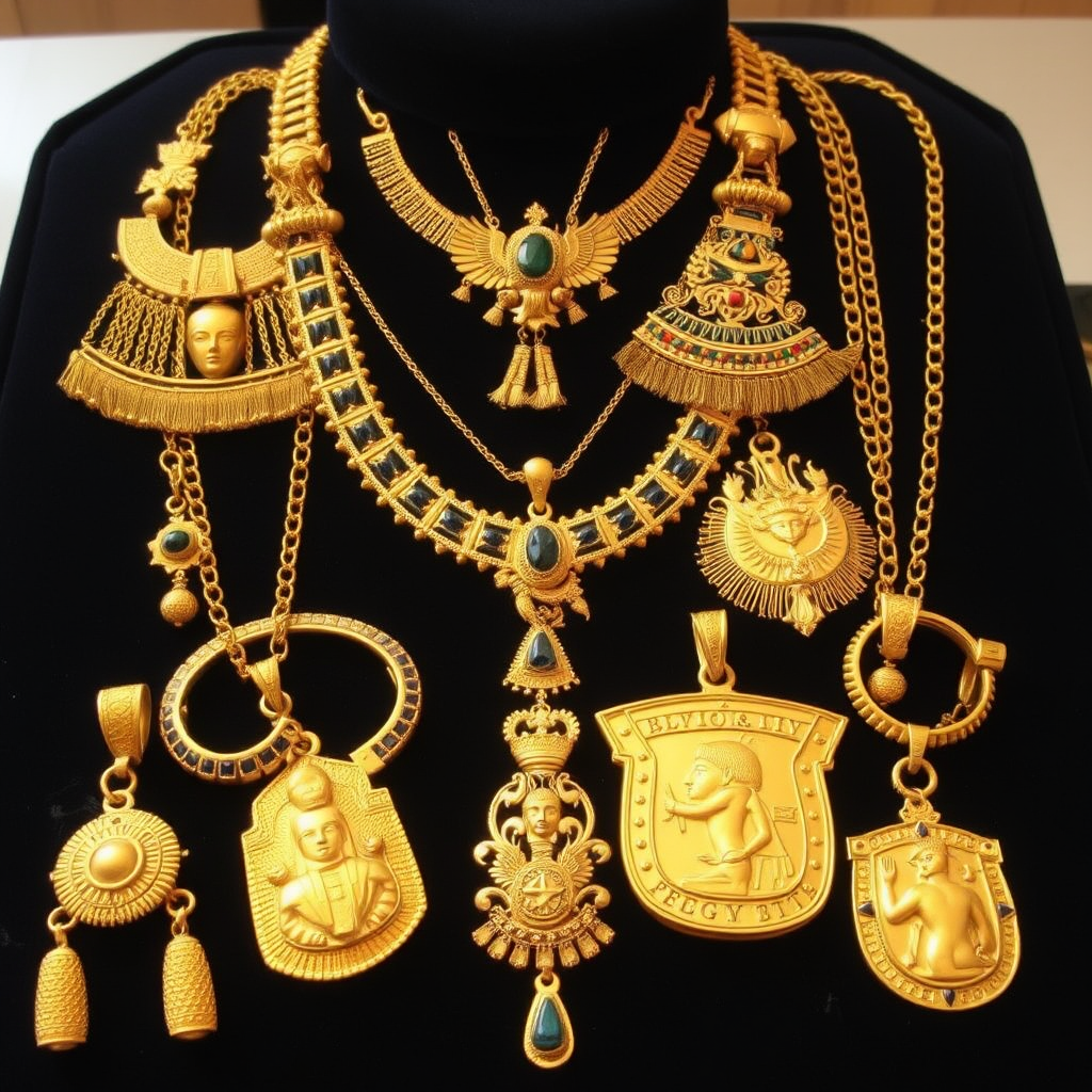 Exquisite ancient Egyptian golden jewelry collection including ornate necklaces, bracelets, and amulets with precious stones and intricate metalwork displayed on dark velvet