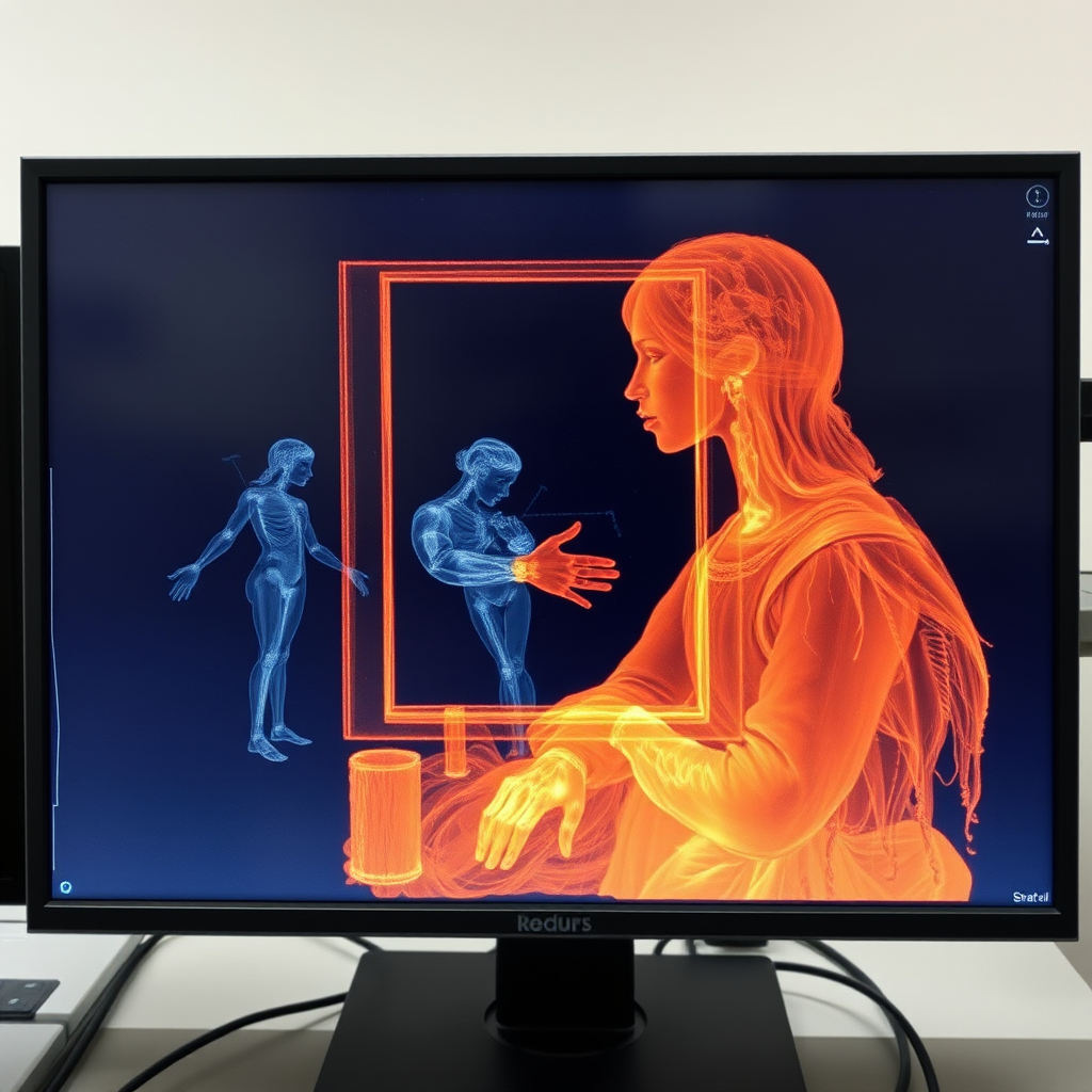 X-ray image analysis of Renaissance painting showing underlying sketches and paint layers on computer monitor in conservation laboratory