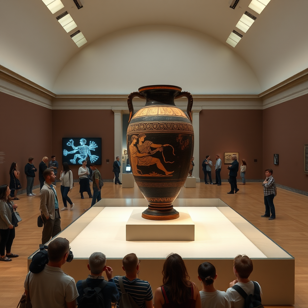 Wide view of the Metropolitan Museum gallery showing ancient Greek amphora displayed alongside contemporary digital art projection, with museum visitors studying both pieces simultaneously