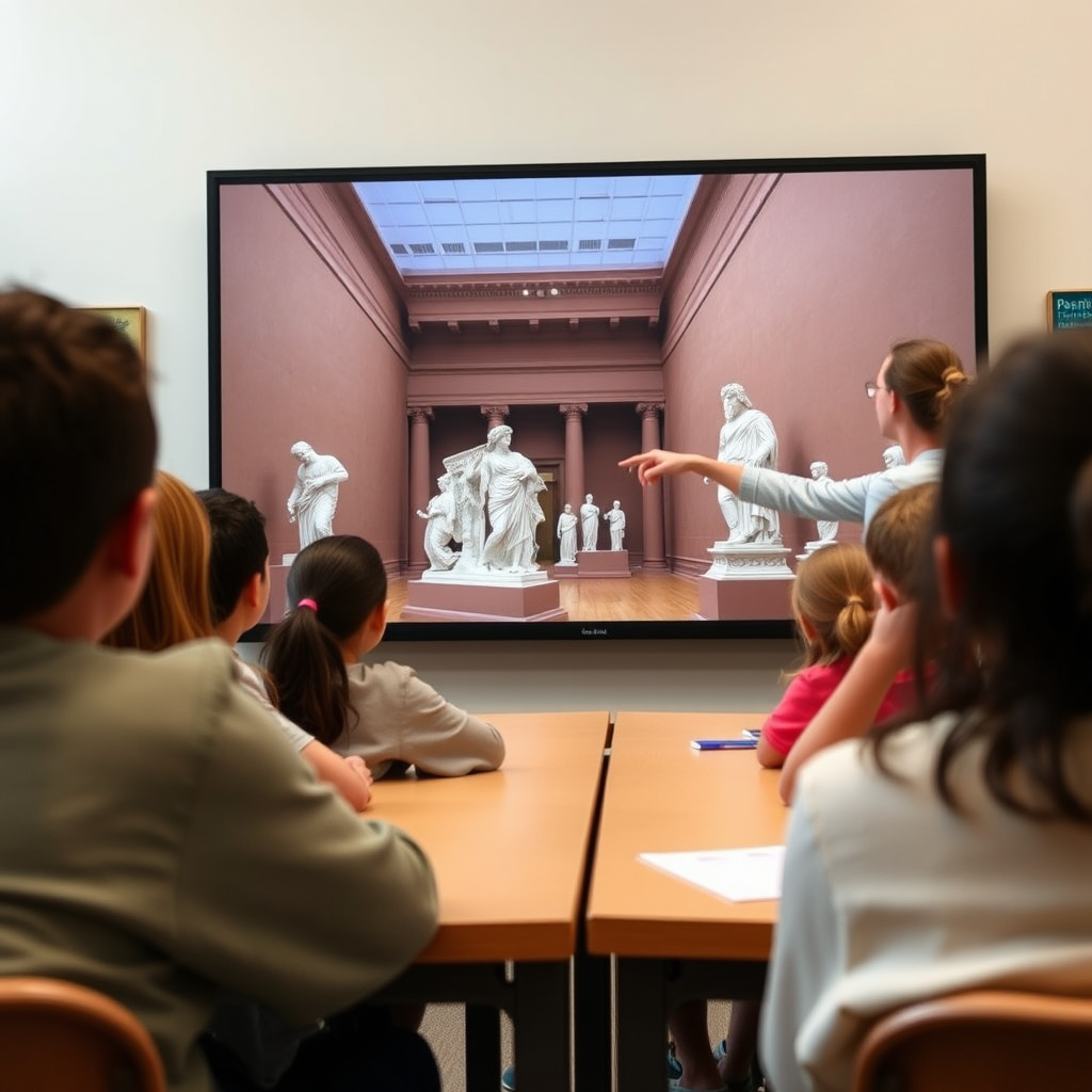 Students watching virtual Metropolitan Museum gallery tour on classroom screen with teacher pointing to ancient Greek sculptures
