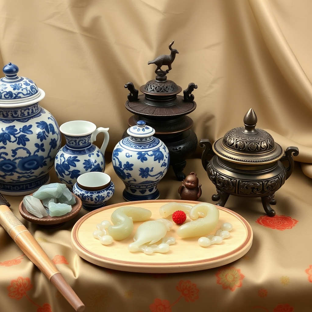 Collection of Chinese ceremonial objects for winter solstice celebrations including blue and white porcelain vessels, jade ornaments, and bronze incense burners arranged on silk fabric with traditional patterns