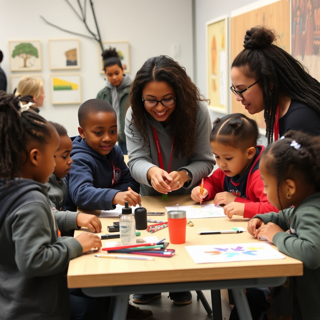 NYC school children participating in hands-on art workshop with museum educator, mobile art lab equipment, and students engaged in creative activities inspired by museum collections