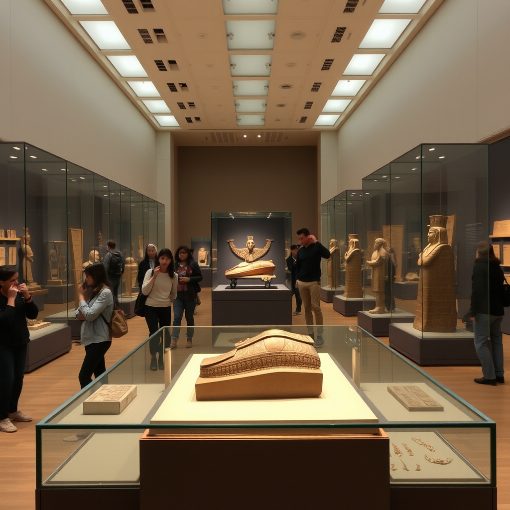 Modern museum gallery with ancient Egyptian artifacts displayed in glass cases under professional lighting, showing visitors admiring sarcophagi, jewelry, and hieroglyphic tablets in the Metropolitan Museum of Art