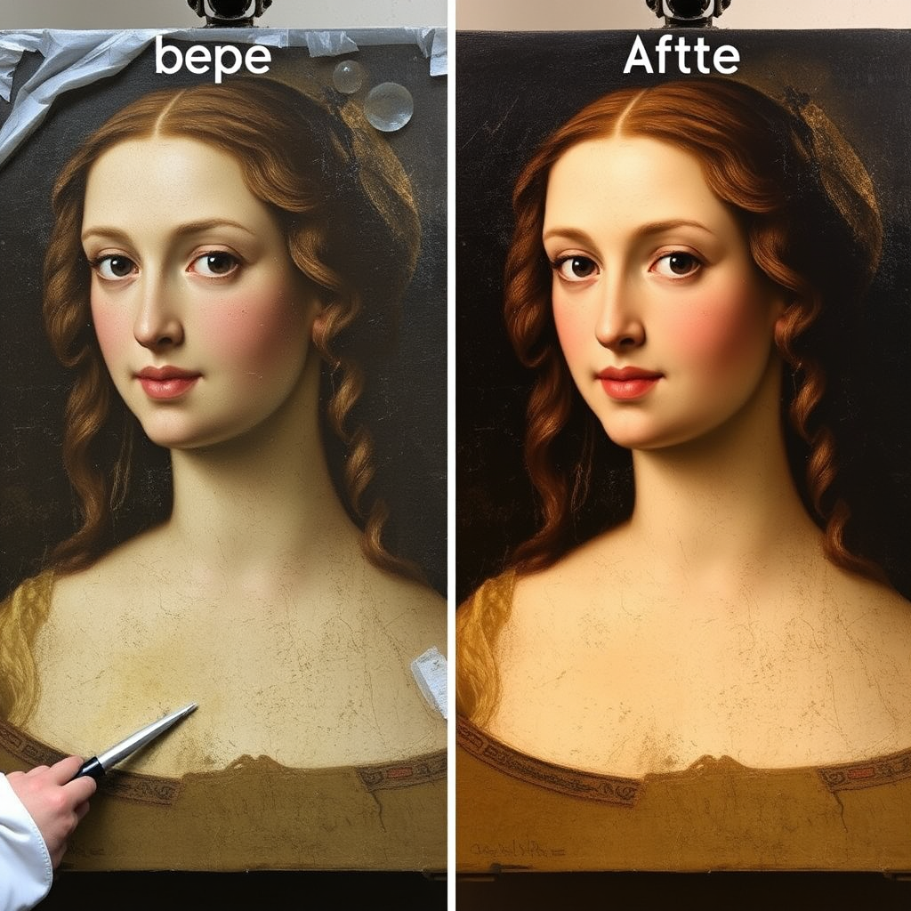 Step-by-step conservation process showing before and after comparison of Renaissance painting restoration with conservator's tools and materials visible
