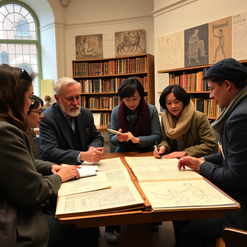Metropolitan Museum curators and contemporary artists collaborating in the museum's research library, surrounded by ancient manuscripts and modern sketches, planning future cross-cultural exhibitions