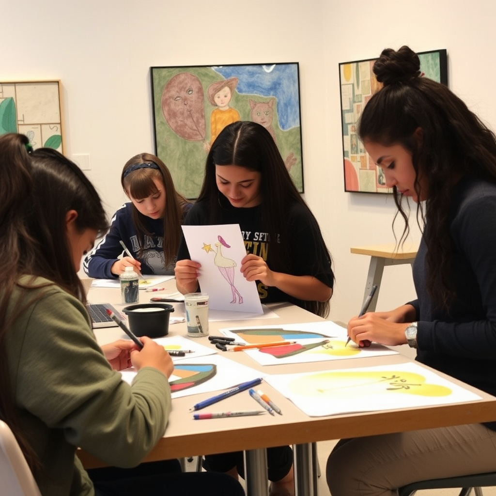 High school students creating contemporary art pieces inspired by Metropolitan Museum modern art collection in hands-on workshop