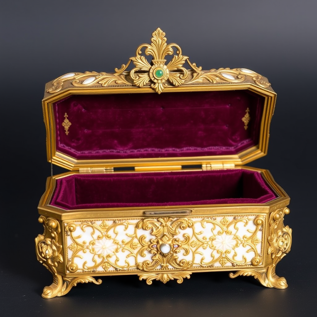 Ornate 18th century European jewelry box with mother-of-pearl inlay, gold filigree work, and velvet interior, representing the tradition of giving precious containers as holiday gifts