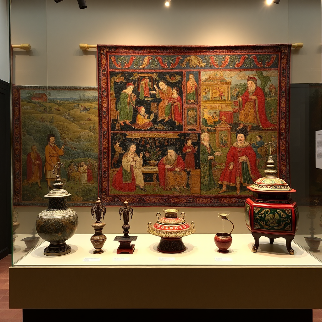 Medieval European tapestries and Asian ceremonial objects displayed for winter holiday exhibition, showcasing diverse cultural traditions of gift-giving and seasonal celebrations from around the world