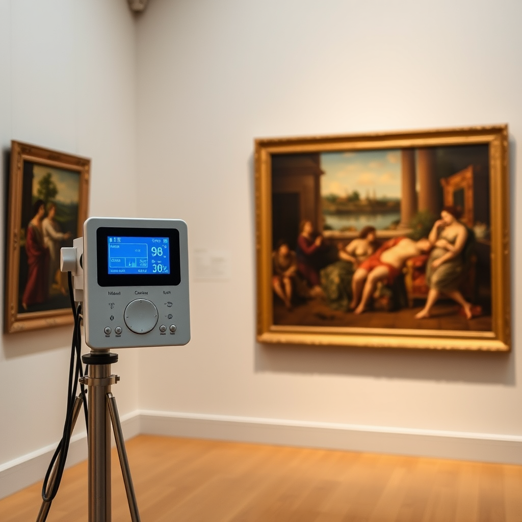 Modern climate control and monitoring equipment in museum gallery ensuring optimal temperature and humidity for Renaissance paintings