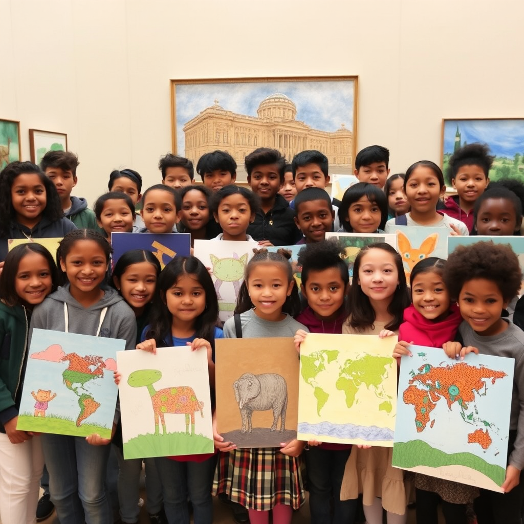 Diverse group of NYC students of all ages celebrating completion of Metropolitan Museum educational program with their artwork displayed