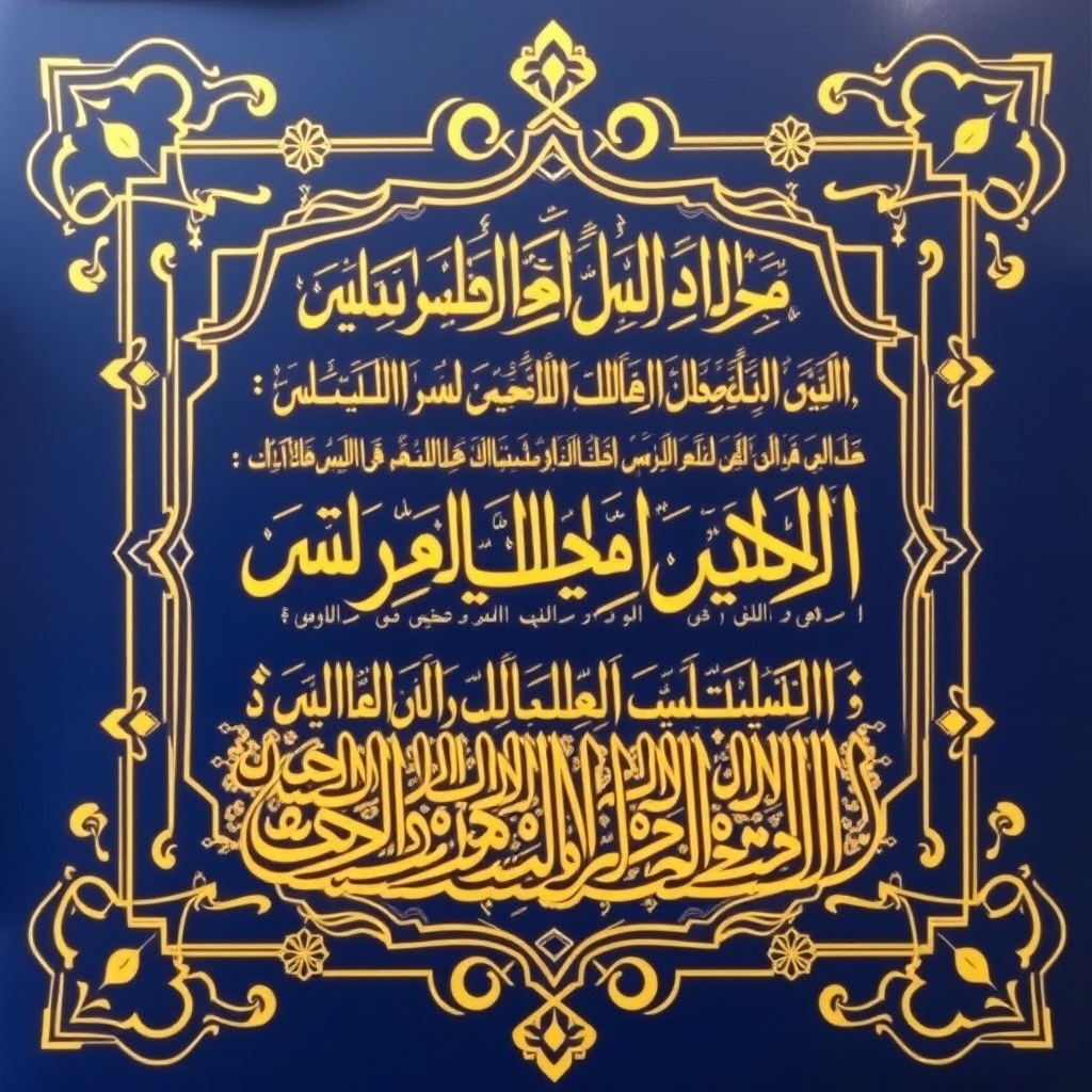 Beautiful Islamic calligraphy panel with gold lettering on deep blue background, featuring verses about generosity and celebration, framed in geometric patterns