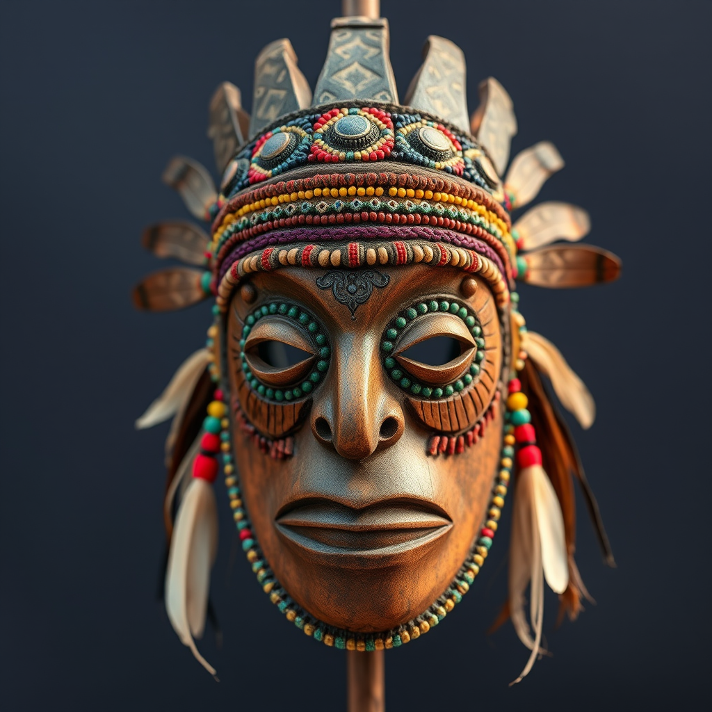 Traditional African ceremonial mask with intricate wood carving, colorful beadwork, and feathers, used in winter celebration rituals and community gatherings