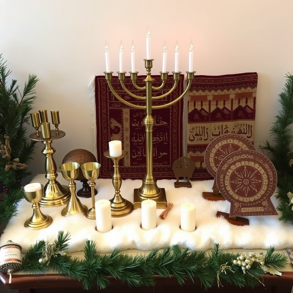 Display of winter ceremonial objects from multiple faiths including Christian chalices, Jewish menorahs, Islamic prayer rugs, and Buddhist prayer wheels, arranged to show the diversity of spiritual winter traditions