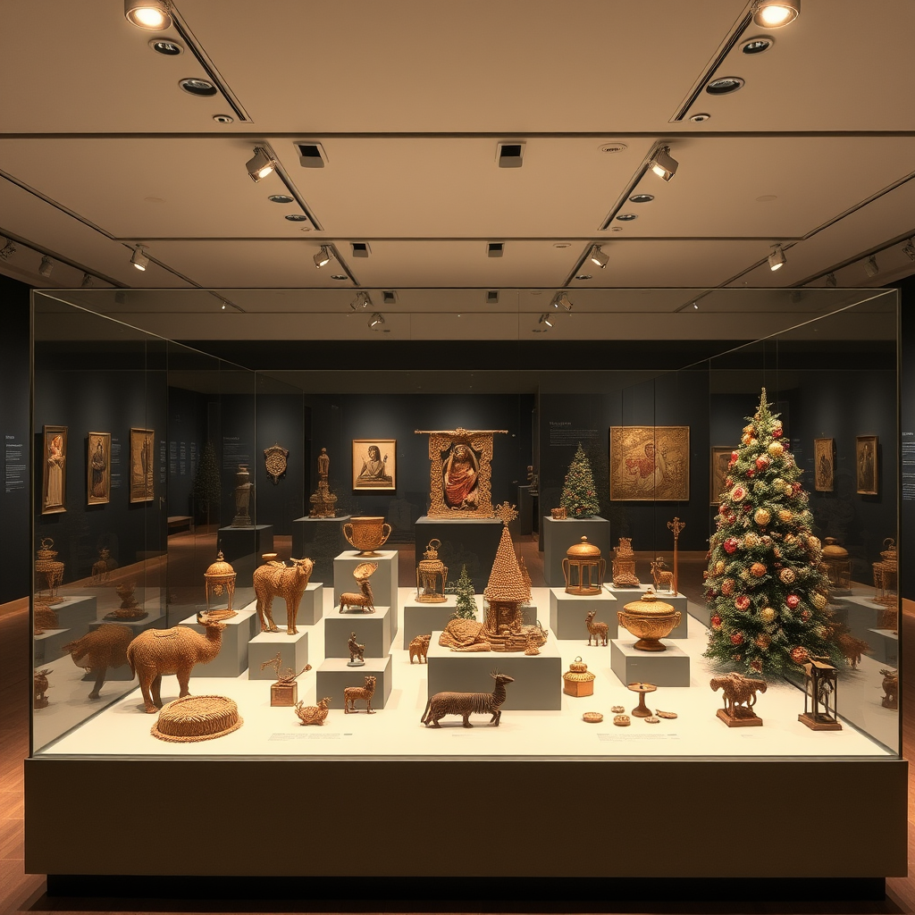 Museum gallery display showing the evolution of holiday decorative arts from ancient times to modern day, with spotlights illuminating various cultural artifacts arranged chronologically